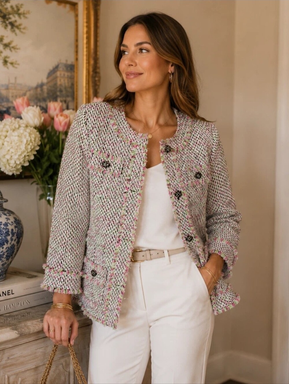 Talbots Tweed Jacket Pink Green Fringe Boulce Career Blazer 8